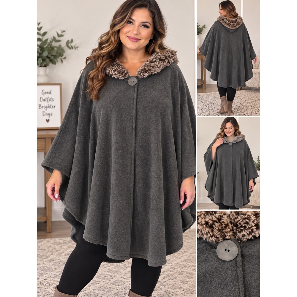 | Fleece Cape Poncho with Faux Fur Trim | OS || Charcoal Grey|
